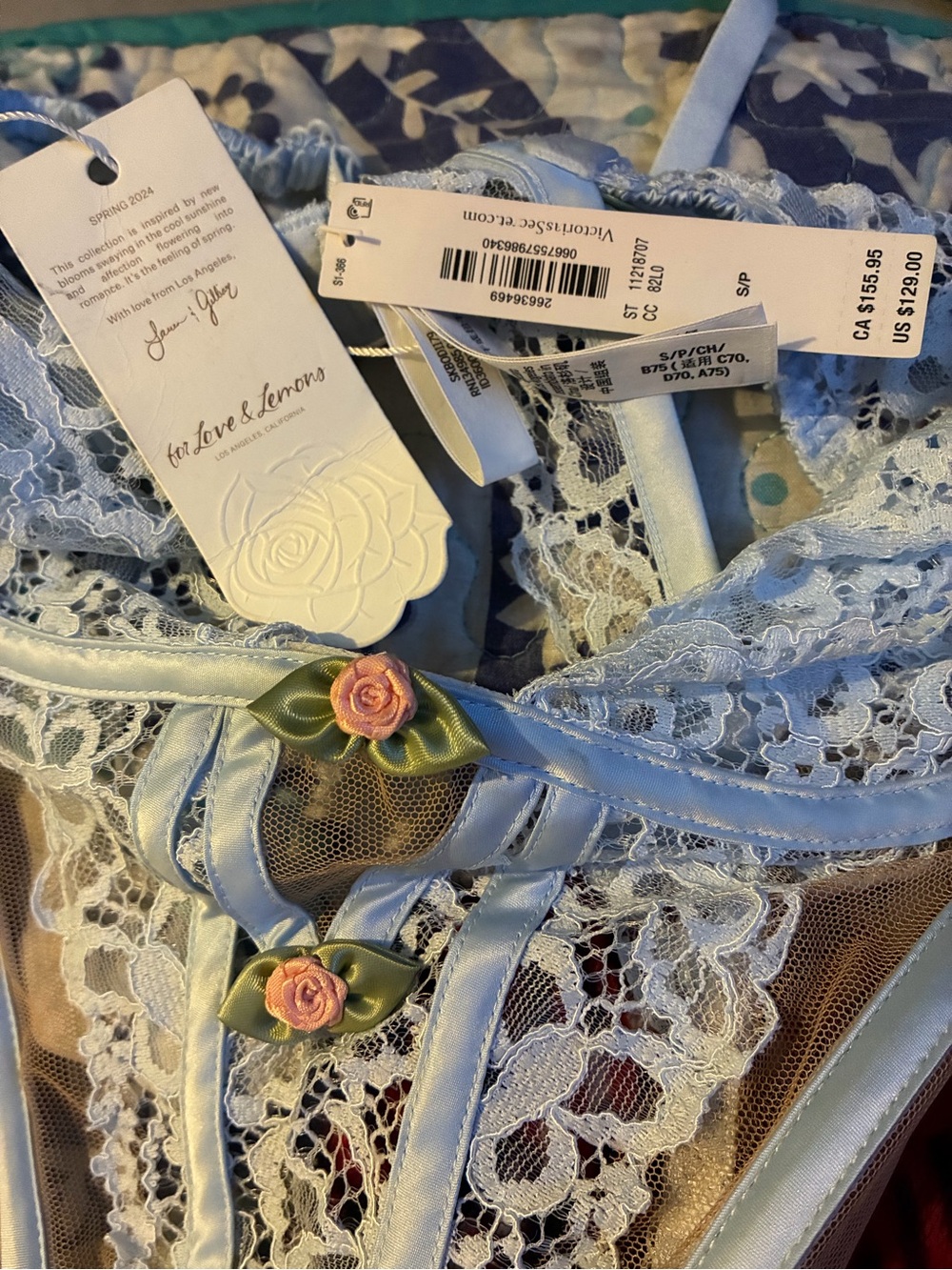 For Love And Lemons Light Blue Lace Chemise with Floral Accents